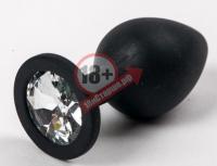 Черная силиконовая анальная пробка с прозрачным кристаллом - 9,5 см.