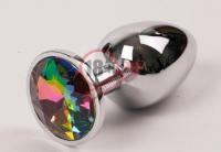 Серебряная металлическая анальная пробка с радужным стразиком - 9,5 см.