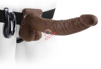 Коричневый фаллопротез с вибрацией 9" Vibrating Hollow Strap-On with Balls - 24 см.