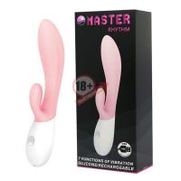 Розовый перезаряжаемый вибратор с клиторальным отростком Master Rhythm - 20 см.