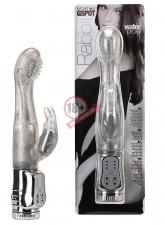 Вибратор с блёстками и клиторальным стимулятором WATERPROOF ROTATING G-SPOT RABBIT - 17,5 см.