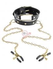 Чёрный с золотом ошейник с зажимами на соски Gold Collar and Nipple Clamps