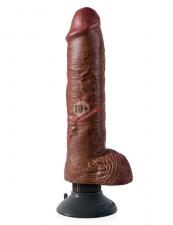 Коричневый вибратор-гигант со съёмной присоской 10" Vibrating Cock with Balls - 25,4 см.