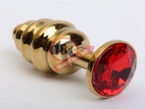 Золотистая ребристая анальная пробка с красным стразом - 7,3 см.