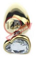 Золотистая пробка с прозрачным кристаллом-сердечком - 8 см.